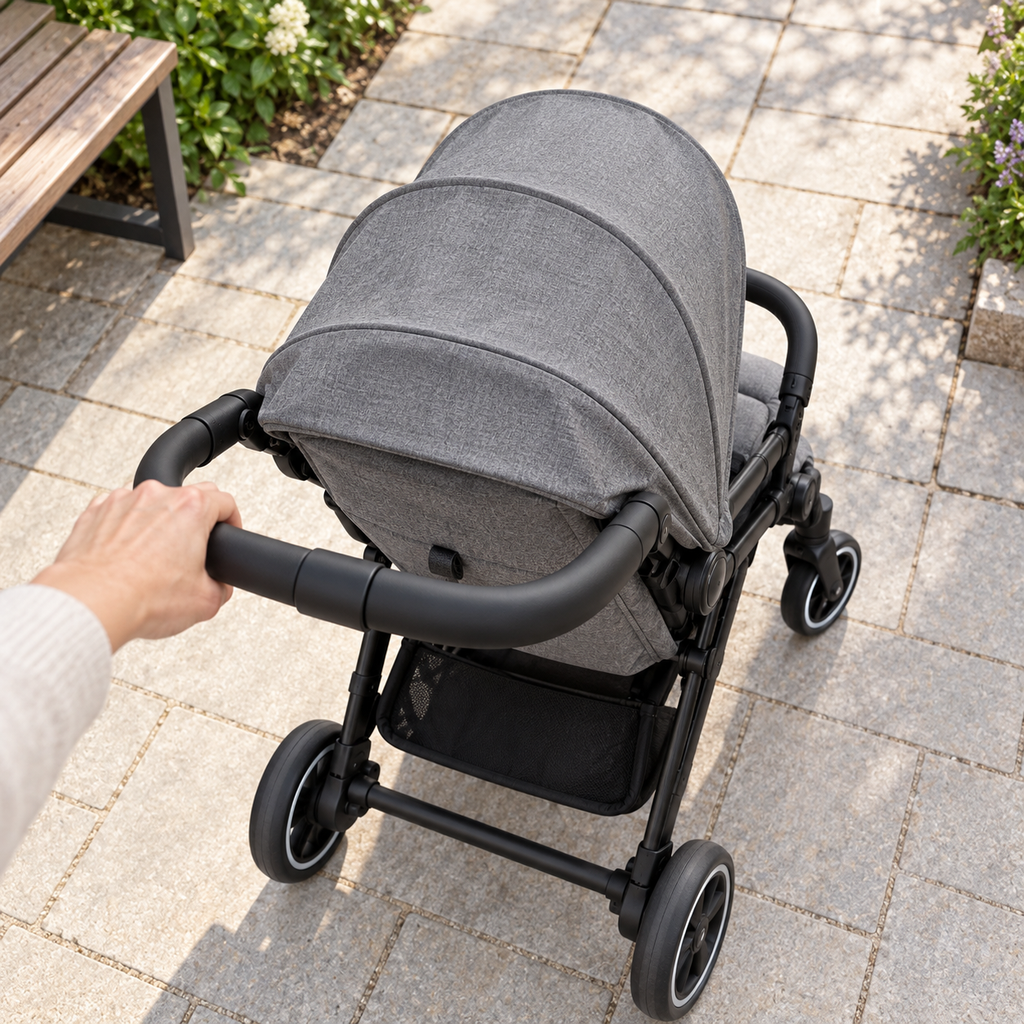 Compact Folding Travel Stroller - parent view lifestyle