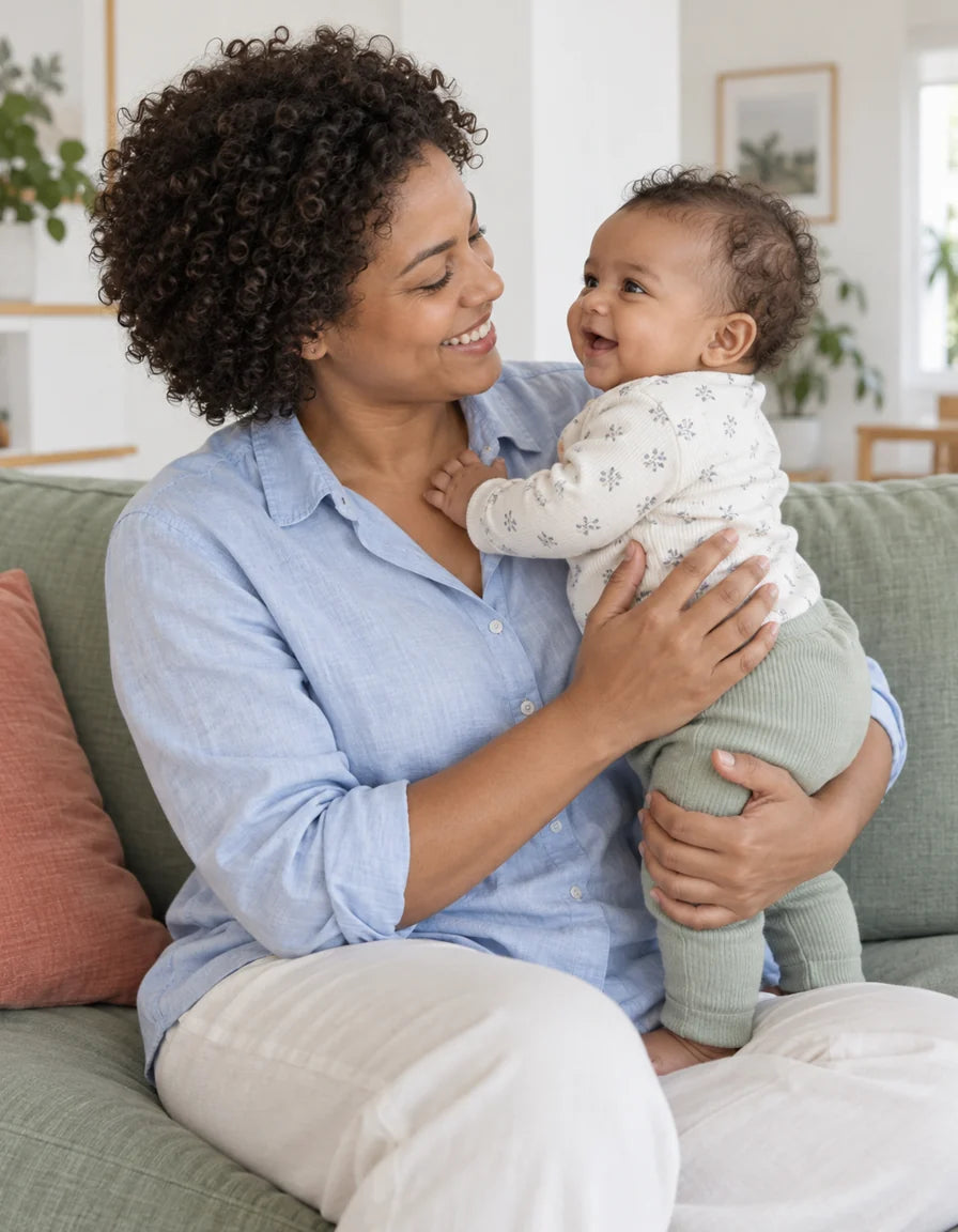A mother holding her baby in a bright family living room