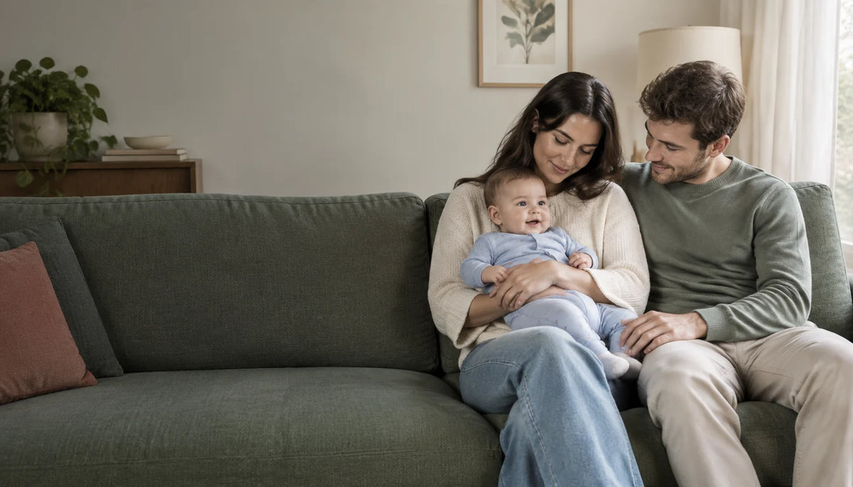Parents sharing a quiet moment with their baby at home