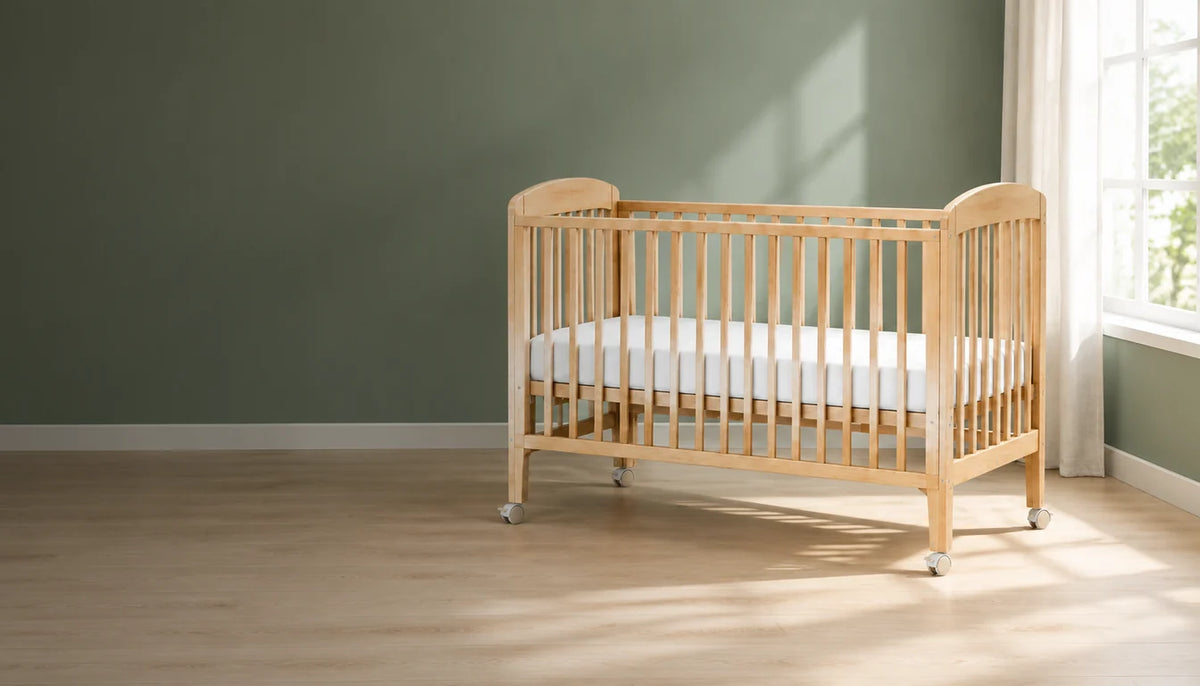 Natural wood crib with a fitted white sheet in a green nursery
